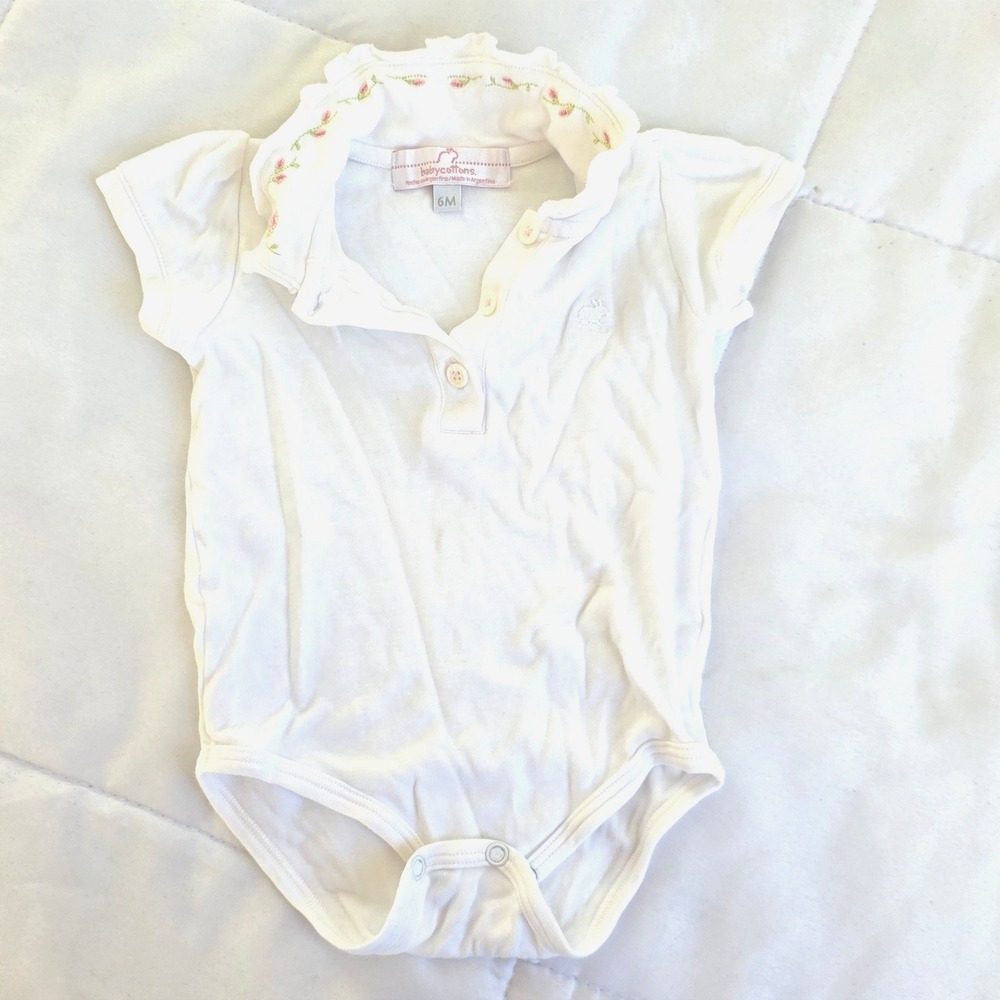 babycottons White Ruffled Collar‎ Embroidered Flower Polo Bodysuit 6M